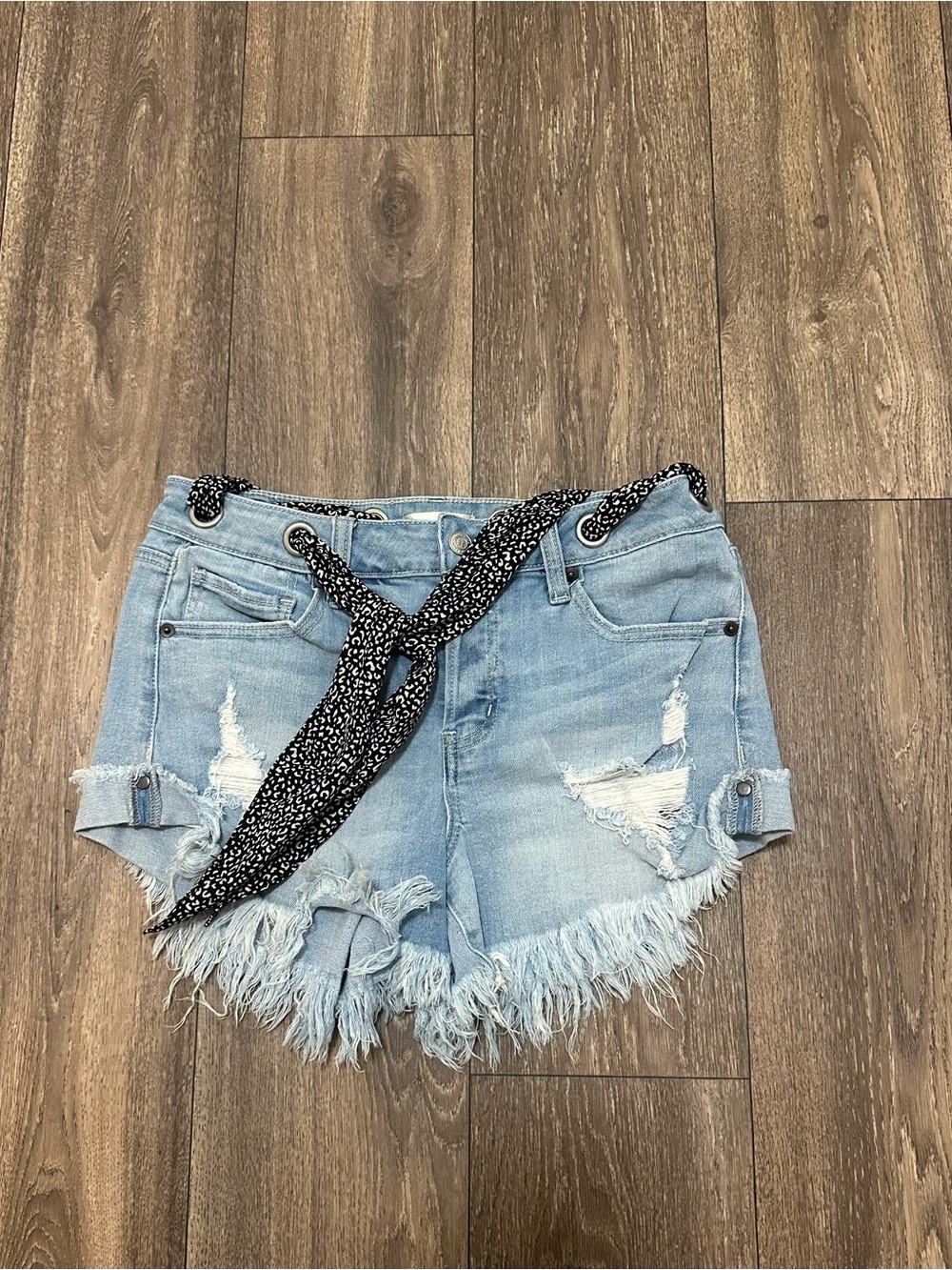 Altar'd State Light Blue Distressed Denim Shorts with Patterned Scarf Belt